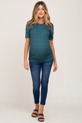 Dark Teal Floral Ribbed Fitted Maternity Top