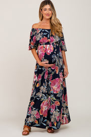 Navy Floral Flounce Off Shoulder Maternity Maxi Dress