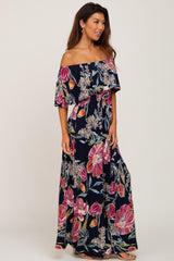 Navy Floral Flounce Off Shoulder Maxi Dress