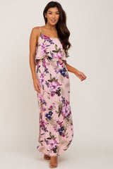 Pink Floral Side Slit Maternity Maxi Dress