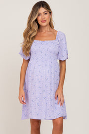 Lavender Floral Smocked Square Neck Maternity Dress