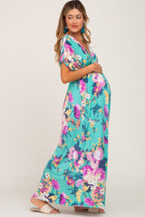 Aqua Floral Deep V-Neck Maternity Maxi Dress