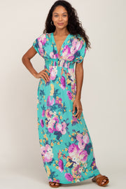 Aqua Floral Deep V-Neck Maxi Dress