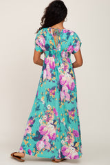 Aqua Floral Deep V-Neck Maxi Dress