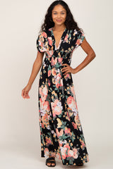 Black Floral Deep V-Neck Maxi Dress