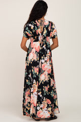 Black Floral Deep V-Neck Maxi Dress