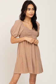 Taupe Smocked Puff Sleeve Mini Dress