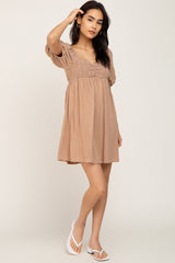 Taupe Smocked Puff Sleeve Mini Dress