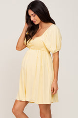 Yellow Smocked Puff Sleeve Maternity Mini Dress