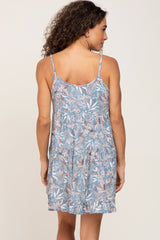 Blue Leaf Print Button Accent Mini Dress