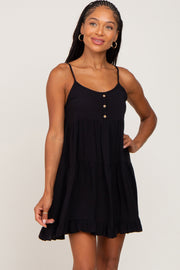 Black Button Accent Tiered Mini Dress