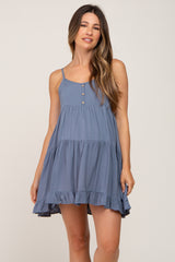 Blue Button Accent Tiered Maternity Mini Dress