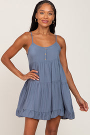 Blue Button Accent Tiered Mini Dress