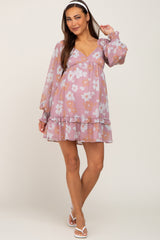 Pink Floral Ruffle Hem Long Sleeve Maternity Dress