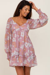 Pink Floral Ruffle Hem Long Sleeve Dress