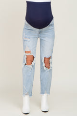 Light Blue Distressed Open Knee Straight Leg Maternity Jeans