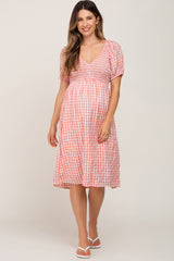 Mauve Gingham V-Neck Maternity Midi Dress