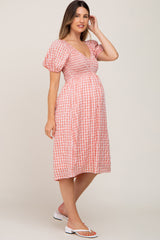 Mauve Gingham V-Neck Maternity Midi Dress