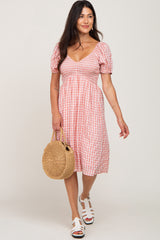 Mauve Gingham V-Neck Maternity Midi Dress