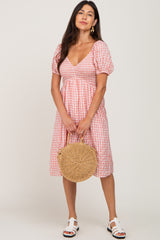 Mauve Gingham V-Neck Midi Dress