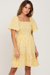 Yellow Floral Print Smocked Maternity Dress