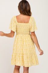 Yellow Floral Print Smocked Dress