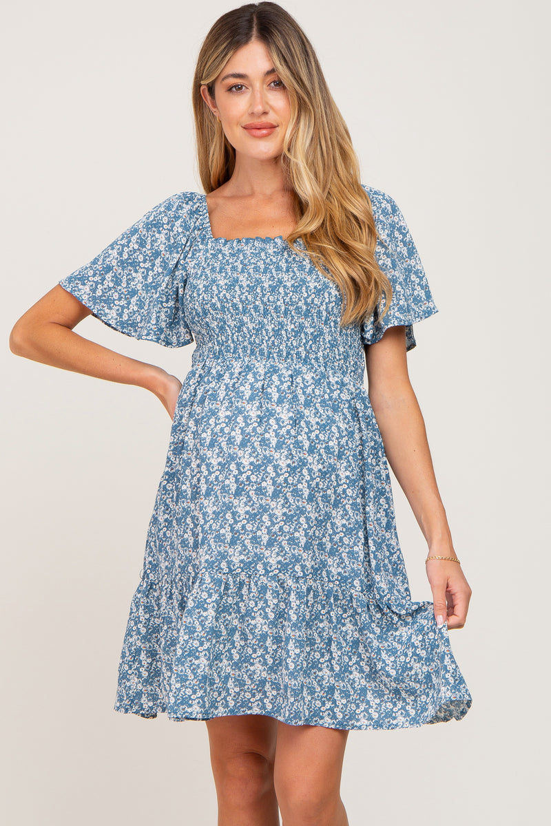 Blue Floral Print Smocked Maternity Dress – PinkBlush