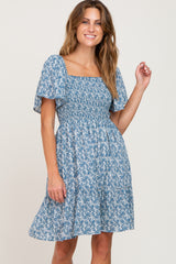 Blue Floral Print Smocked Maternity Dress