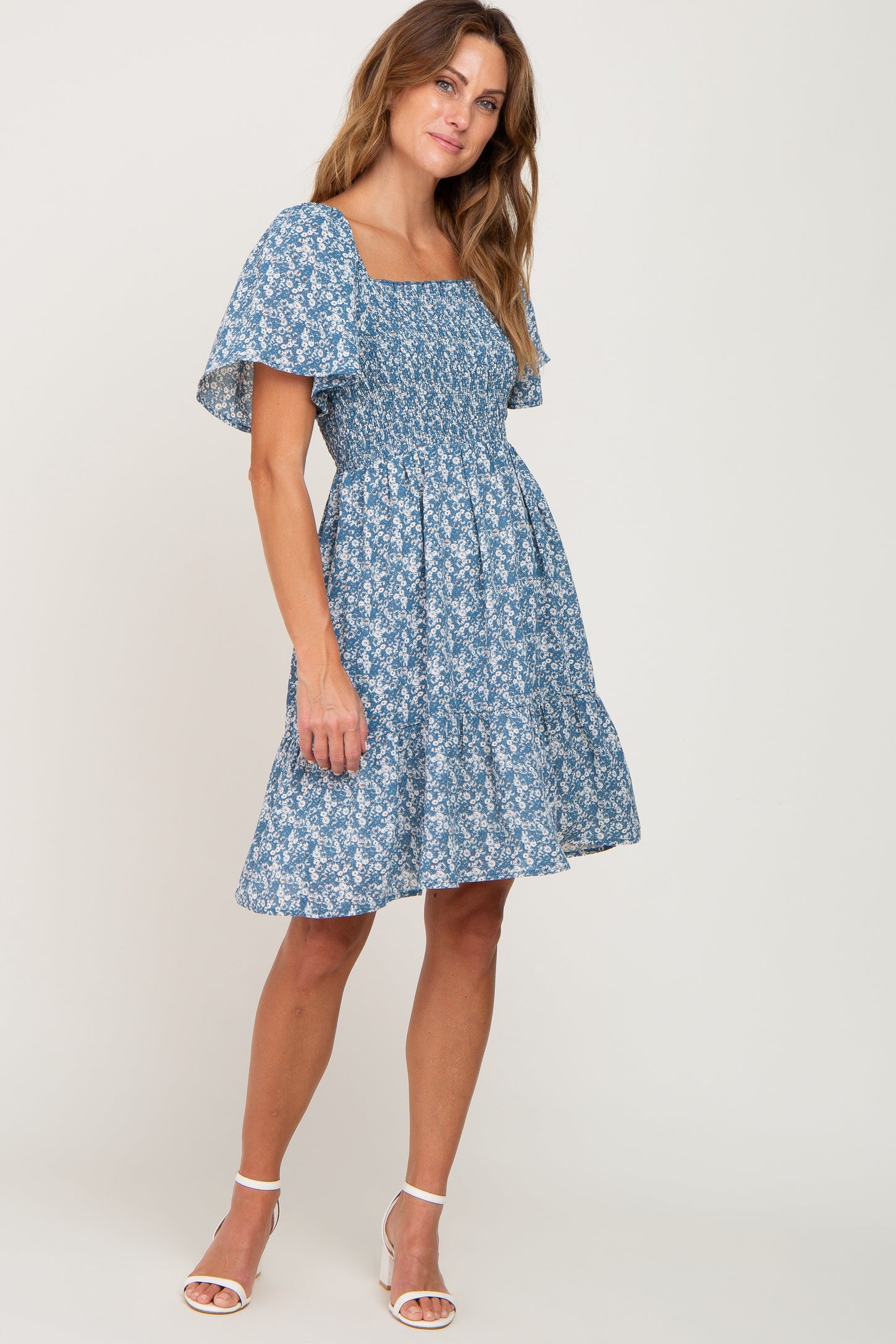 Blue Floral Print Smocked Dress – PinkBlush