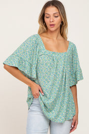 Green Floral Square Neck Top