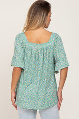 Green Floral Square Neck Top