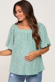 Green Floral Square Neck Maternity Top