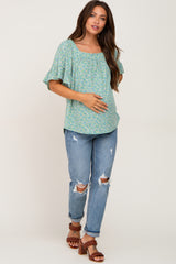 Green Floral Square Neck Maternity Top