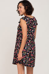 Black Floral Shoulder Ruffle Dress