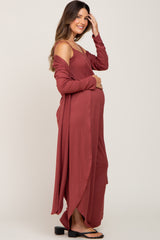 Rust Ribbed Maternity Tulip Hem Jumpsuit Set