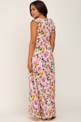 Cream Floral Ruffle Accent Maternity Maxi Dress