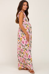 Cream Floral Ruffle Accent Maternity Maxi Dress