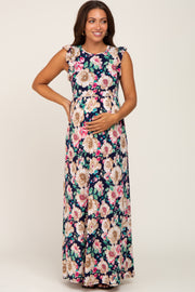 Navy Floral Ruffle Accent Maternity Maxi Dress