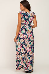 Navy Floral Ruffle Accent Maternity Maxi Dress