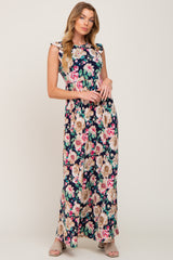 Navy Floral Ruffle Accent Maternity Maxi Dress