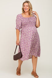 Lavender Floral Smocked Front Tie Maternity Plus Dress