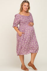 Lavender Floral Smocked Front Tie Maternity Plus Dress