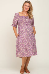 Lavender Floral Smocked Front Tie Maternity Plus Dress