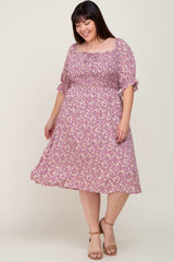 Lavender Floral Smocked Front Tie Maternity Plus Dress