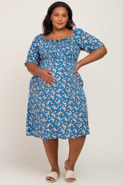 Blue Floral Smocked Front Tie Maternity Plus Midi Dress