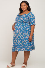 Blue Floral Smocked Front Tie Maternity Plus Midi Dress