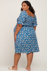 Blue Floral Smocked Front Tie Maternity Plus Midi Dress