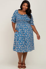 Blue Floral Smocked Front Tie Maternity Plus Midi Dress