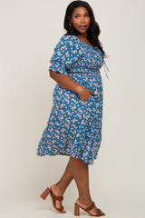 Blue Floral Smocked Front Tie Plus Midi Dress