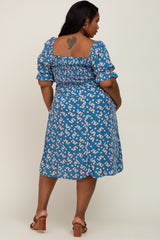 Blue Floral Smocked Front Tie Plus Midi Dress